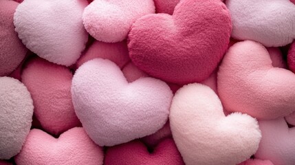 Obraz premium Adorable little plush pillows in the shape of fluffy hearts in shades of pink as a Valentine's Day background