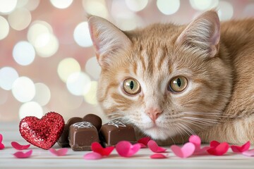 Valentines day celebration with playful orange cat and gifts
