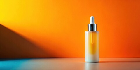 A frosted glass bottle of amber liquid with a silver dropper top against a vibrant orange background.