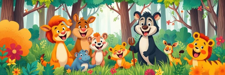 Naklejka premium A smiling group of animals in a colorful forest playing together, wild adventure, greenery, sunny day