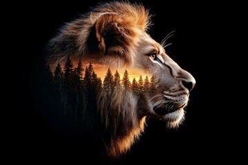Naklejka premium Majestic lion profile with forest silhouette at sunset