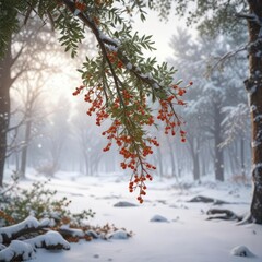 A snowy forest with mistletoe hanging from branches and cinnamon-scented mist, cinnamon scented mist, romantic ambiance, winter magic