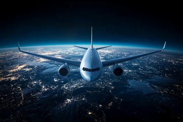 Commercial airplane flying over earth at night