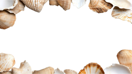Shells arranged in a decorative frame on transparent background.