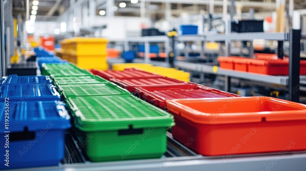 Poster colorful plastic containers are moving on a conveyor belt inside a distribution warehouse, showcasin