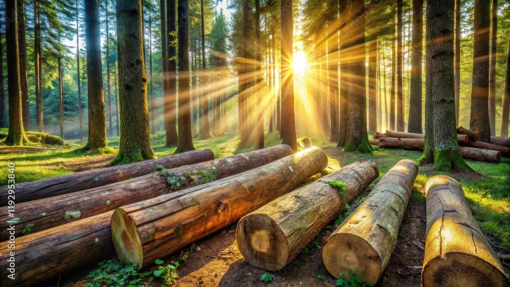Poster sunbeams illuminate fallen logs in a misty forest