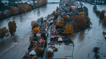 Aerial view of flooding in big city. Overflowed river submerged roads and affected urban infrastructure under rising waters. Extreme weather damage natural disaster after heavy shower rains61
