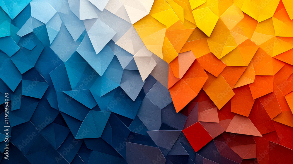 Poster colorful polygonal background with triangles in blue, orange, and yellow hues, creating vibrant and 