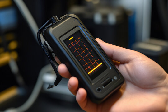 Handheld device displays data in a high-tech laboratory setting during a scientific experiment or analysis