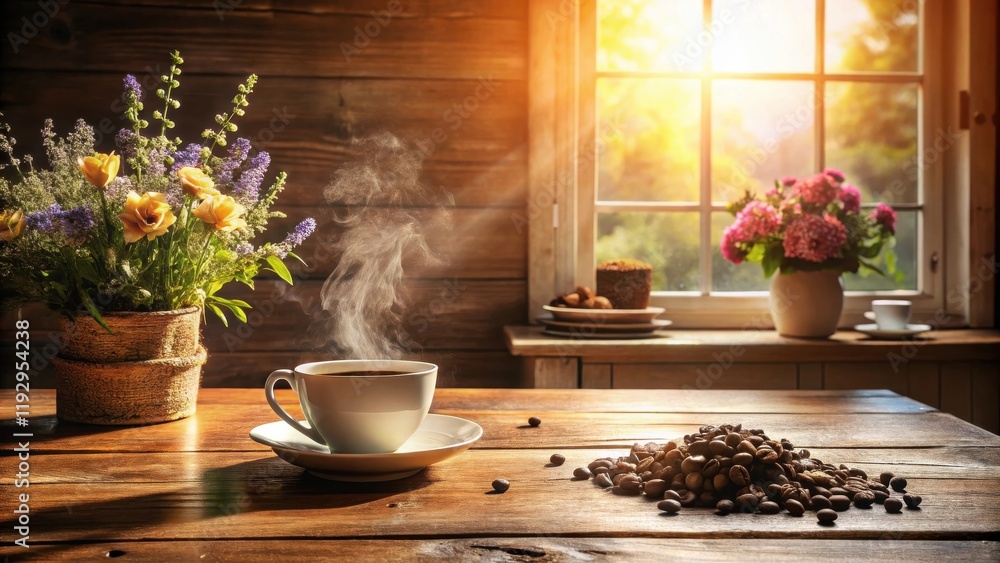 Poster warm morning sunlight streams through a window illuminating a rustic wooden table setting with a ste