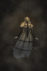 A pretty girl cosplayer dressed in a suffocating gas mask with smoke or smog