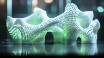 Abstract white plastic model printed with 3d printer reflecting green light on black surface, showcasing innovative rapid prototyping technology