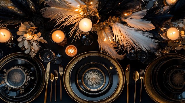 A festive dinner spread featuring black and gold plates, feather centerpieces, and candlelight, echoing the excitement of a grand 1920s  soiree