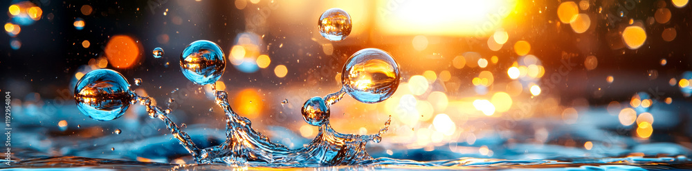Poster bubbles splashing in water create mesmerizing scene with vibrant reflections and warm bokeh lights i