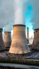 Vertical aerial view of cooling towers at a power plant