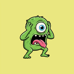 A cartoon illustration depicts a green one-eyed monster experiencing intense fear, clutching its head.