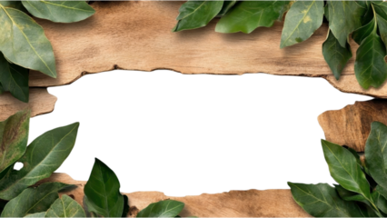 Wooden frame surrounded by green leaves with a blank center for text.