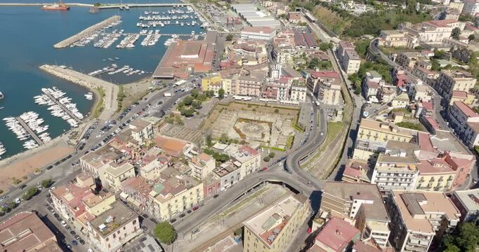 Aerial view the Macellum of Pozzuoli, near Naples, Italy. It was market building of the Roman colony of Puteoli. It was mistakenly known as the Temple of Serapis.