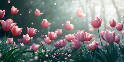 Fototapeta premium Delicate Pink Tulips in a Spring Garden