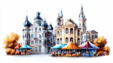 Fototapeta premium Colorful Market Scene with Stylish Buildings and Decorative Tents in Vibrant Environment