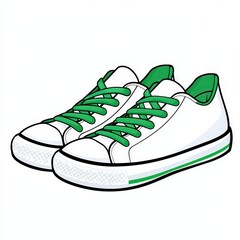 Pair of sneakers with green laces and cartoon clipart of white school shoes on a plain background