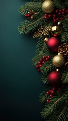 Festive decoration with red and gold ornaments, pine branches, and berries creating a joyful holiday atmosphere for winter celebrations