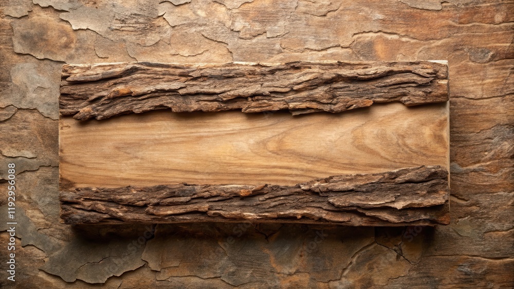 Poster rustic wooden sign with bark frame natural texture background for design and crafts