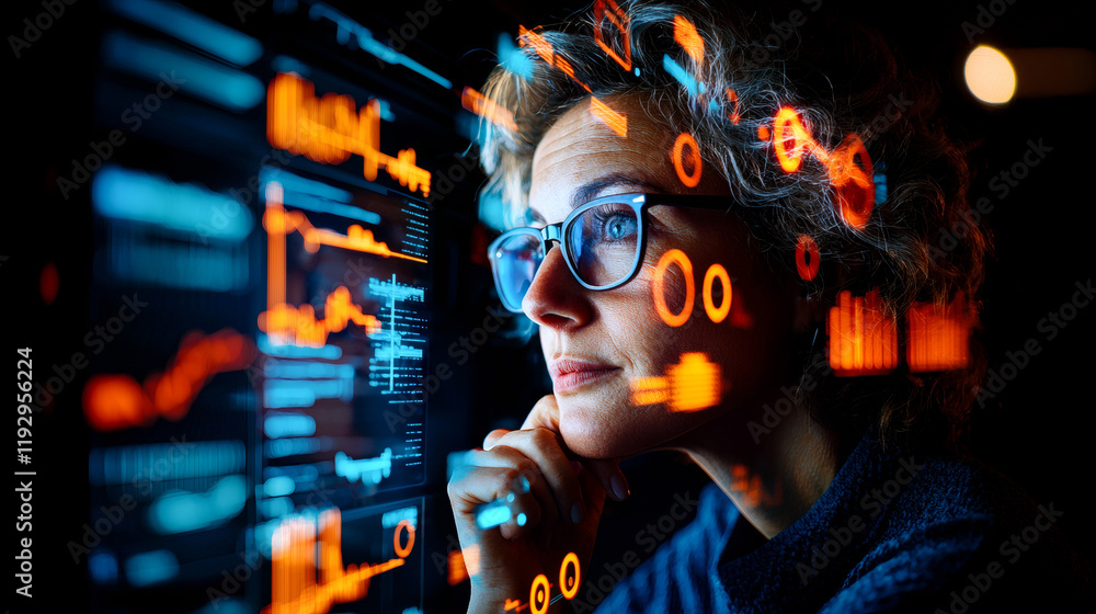 Poster woman with glasses gazes thoughtfully at computer screen displaying vibrant data visualizations and 