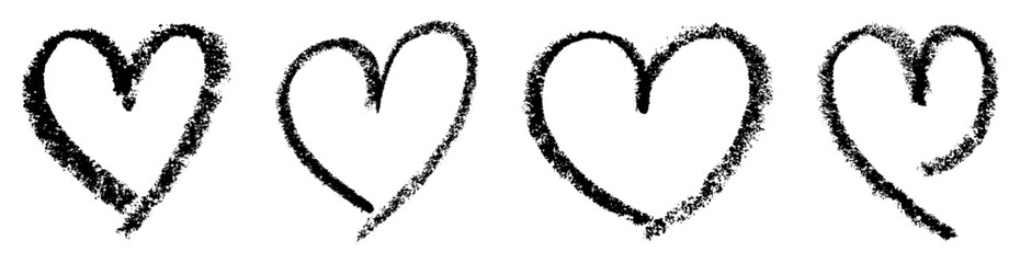 Vector illustration of four textured black hand-drawn hearts, perfect for romantic, artistic, or decorative designs.