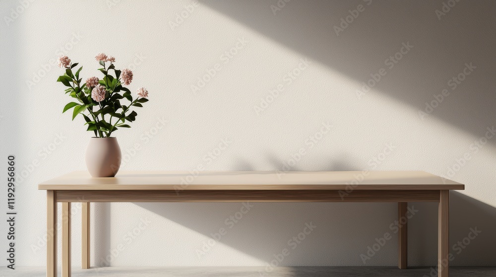 Aufkleber Empty wooden table with flower vase in minimalist office creating focus-driven environment