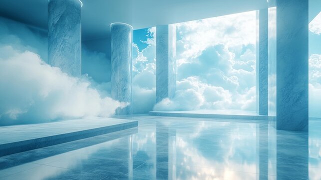 Dreamy Futuristic Cloudscape Interior. Generative AI