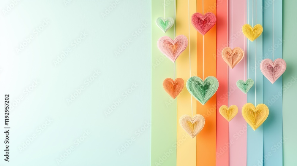 Aufkleber multiple paper-cut hearts cascading in a vertical line on a colorful backdrop.