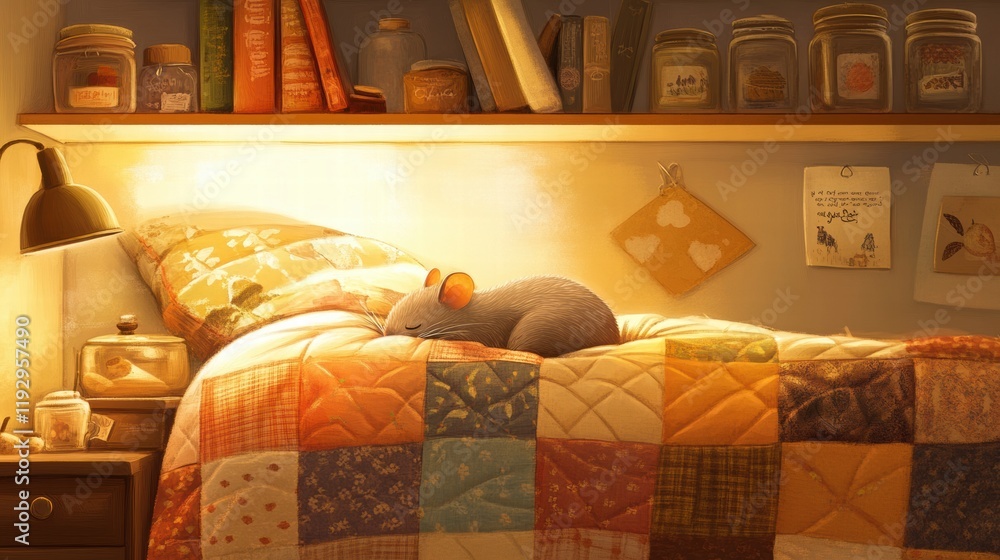 Poster cozy mouse resting on a colorful quilt in a warmly lit bedroom filled with books and jars. generativ