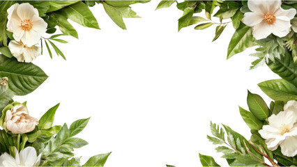 Fototapeta premium Floral frame with white flowers and green leaves on transparent background.