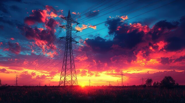 Vibrant Sunset Landscape with Power Lines
