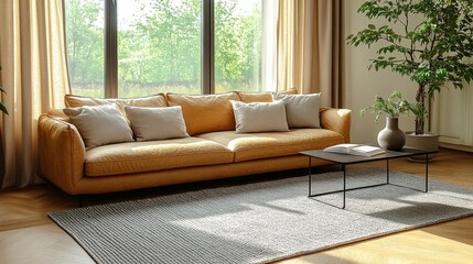 Cozy Living Room with Leather Sofa. Generative AI
