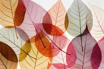 Colorful translucent leaves creating a delicate pattern against a soft background highlighting autumn hues and intricate textures