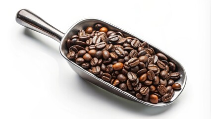 Obraz premium A metal scoop overflowing with roasted coffee beans