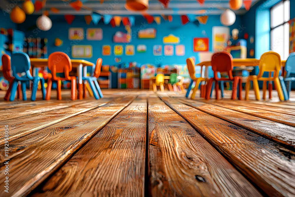 Poster brightly colored chairs and tables in cheerful classroom with wooden flooring, creating vibrant and 