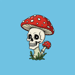 A cartoon illustration depicts a smiling skull as the stem of a red mushroom with white spots.