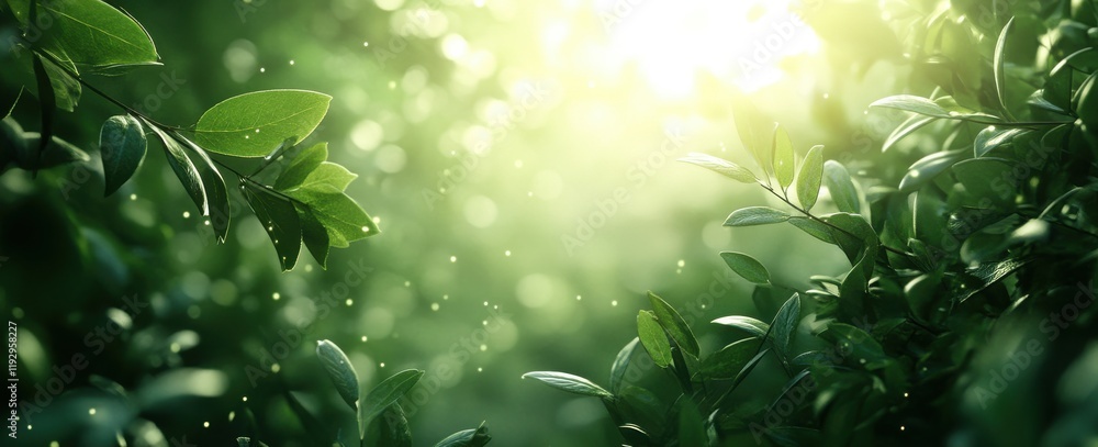 Poster bright and lush green leaves under gentle sunlight with soft bokeh effect creating a serene and natu