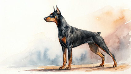 Watercolor illustration of a Doberman Pinscher standing alert against a soft background