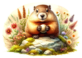 Watercolor Springtime Groundhog: Cute Animal Peeking from Burrow