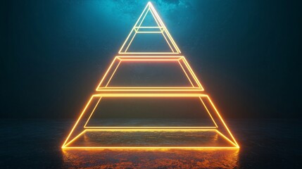 Illuminated pyramid structure with neon light effect in a dark setting