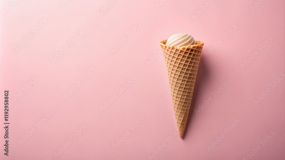 Poster a single scoop of creamy vanilla ice cream sits nestled inside a crispy waffle cone, resting on a so