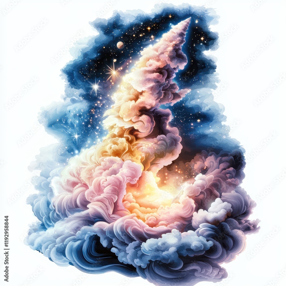 Poster colorful cosmic nebula with stars and ethereal clouds in deep space background