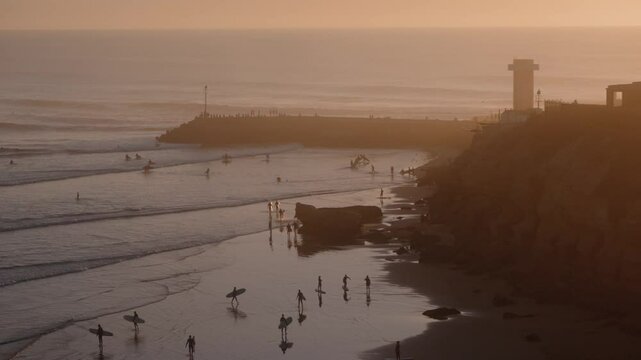 Sunset surf beach scene, Imsouane Morocco travel adventure