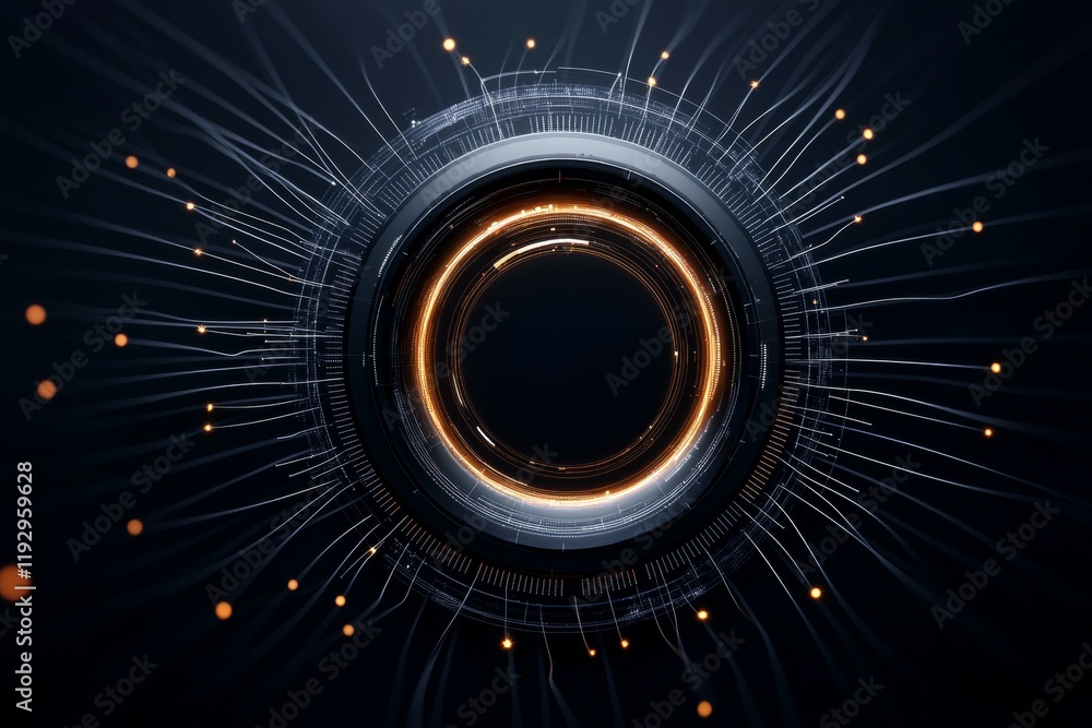 Poster futuristic digital interface with glowing circular pattern and radiating lines