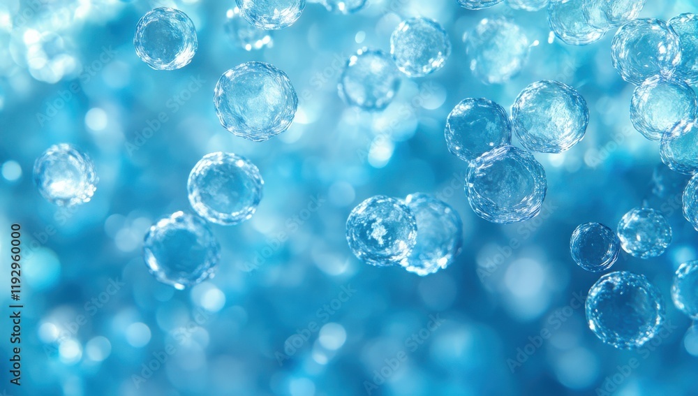 Poster captivating blue water bubbles floating in a soft focus background, creating a dreamy atmosphere of 