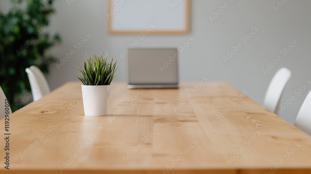 Poster empty boardroom table with laptop and plant showing streamlined productivity